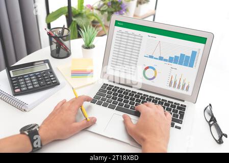 Analyzing data for marketing plan. Business analytics, spreadsheet app on laptop Stock Photo