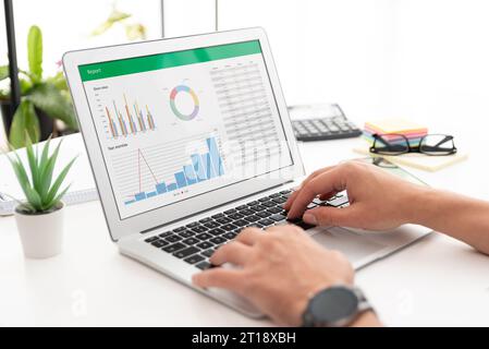 Analyzing data for marketing plan. Business analytics, spreadsheet app on laptop Stock Photo