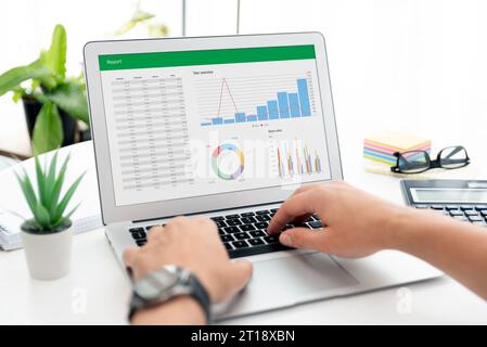 Analyzing data for marketing plan. Business analytics, spreadsheet app on laptop Stock Photo
