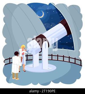 Scientists looking on starry night sky through telescope in observatory Stock Vector