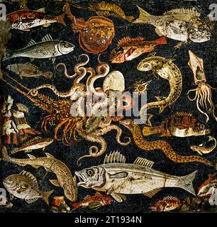 Marine Life. Floor mosaic from the House of the Faun, mosaic from Pompeii Roman City is located near Naples in the Campania region of Italy. Pompeii was buried under 4-6 m of volcanic ash and pumice in the eruption of Mount Vesuvius in AD 79. Italy, Museum, Naples, Stock Photo