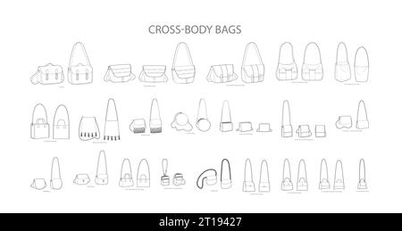 Set of Cross-Body Bags silhouette. Fashion accessory technical illustration. Vector satchel front 3-4 view for Men, women, unisex style, flat handbag CAD mockup sketch outline isolated Stock Vector