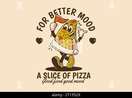 A slice of pizza for better mood. Vintage mascot character illustration of walking pizza, holding a flag Stock Vector