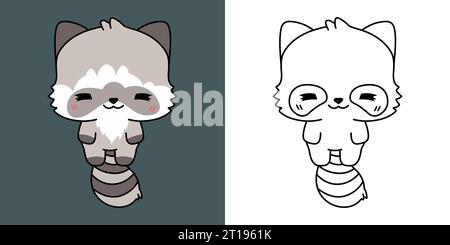 Set Clipart Raccoon Coloring Page and Colored Illustration. Kawaii Isolated Racoon. Stock Vector