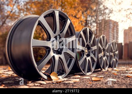 Wheel Alloy Wheels Rim or Mag Wheel high performance auto part decoration autumn outdoor. Stock Photo