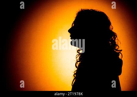 Silhouette of a young woman with long curly hair against an orange background Stock Photo