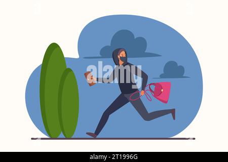 Theft of bag and wallet by thief, robbery vector illustration. Cartoon male robber character running and stealing, bandit in disguise mask or shoplifter holding stolen property or money to steal Stock Vector