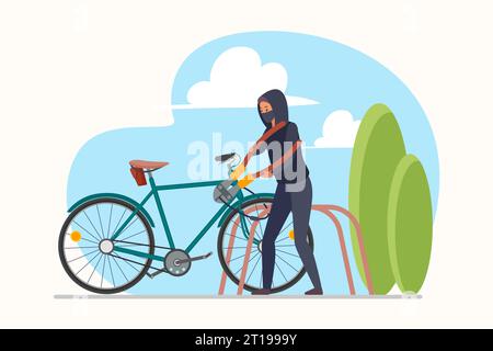 Bicycle theft by thief on city street vector illustration. Cartoon male robber character in disguise mask, hoodie stealing, man with pliers picking lock on bike parking lot to steal personal transport Stock Vector