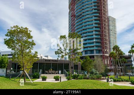 Miami Beach, FL, USA - October 11, 2023: Stock photo of Five Park sales center at Canopy Park Stock Photo