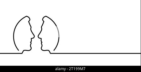 Cartoon round, circle, face profile line pattern, two owerlap outline silhouette heads. Relationships, interpersonal communication, therapy abstract. Stock Photo