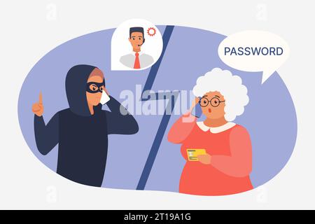 Mobile phone fraud with elderly woman as victim of scam vector illustration. Cartoon scammer talking to senior person to deceive, steal credit card or Stock Vector