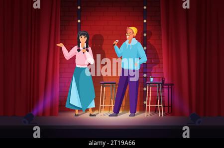 Couple of comedians perform comedy live show on theater stage vector illustration. Cartoon young talent male and female comedians with microphones tel Stock Vector