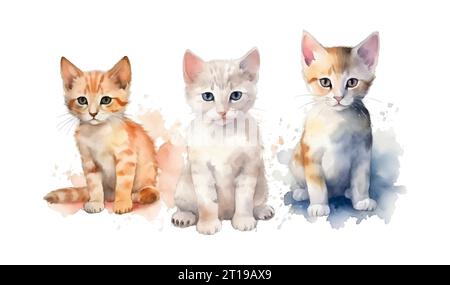 Three watercolor kittens isolated on white background. Vector illustration Stock Vector