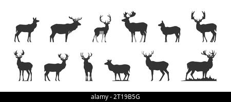 set of black deer silhouettes isolated on white background, vector illustration Stock Vector