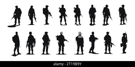 Set of black silhouettes of soldiers isolated on white background, vector illustration Stock Vector