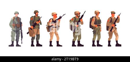 Set of soldier, flat cartoon isolated on white background. Vector illustration Stock Vector