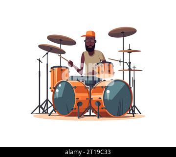 Drummer musician with drum flat cartoon isolated on white background. Vector illustration Stock Vector