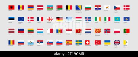 52 flags of European countries. Europe flag icon set. Flat element design. Vector isolated illustration Stock Vector