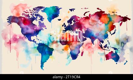 Abstract world map. Watercolour background colored continents. Vector pattern illustration Stock Vector