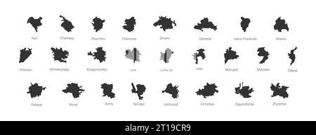 Silhouettes of maps of Ukrainian cities. Set of black icons: Kyiv, Lviv, Odesa, Dnipro, etc. Isolated vector illustration Stock Vector