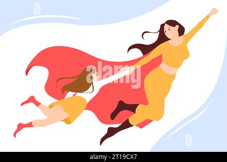 Mom superhero and motherhood vector illustration. Cartoon young mother in costume of super strong hero and red cape flying in sky with baby girl together, powerful supermom character with daughter Stock Vector