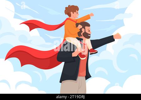 Dad superhero, family scene for Fathers day greeting card vector illustration. Cartoon happy daddy in red cape carrying son on shoulders to protect and play, man and boy with hero costume and pose Stock Vector