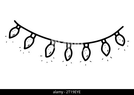 Doodle Christmas Garland. Hand-drawn festoon isolated on white background. Outline festive decoration with light bulbs candles. Vector illustration fo Stock Vector