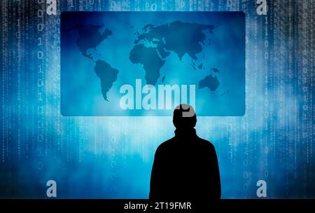 man in front of a world map and binary digits, global security concept Stock Photo