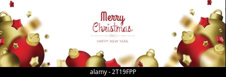 Christmas banner. Xmas background design of 3d christmas balls, gold star, gold tinsel confetti. Horizontal Christmas header for website template Stock Vector