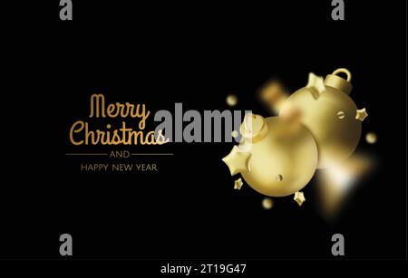 Christmas banner. Xmas background design of 3d christmas balls, gold star, gold tinsel confetti. Horizontal Christmas header for website template Stock Vector