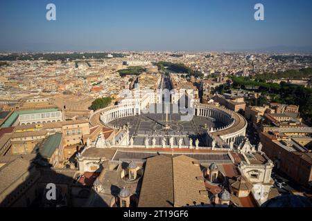Famous view from St. Peter's Church of St. Peter's Square in Rome. Historical panorama. Stock Photo