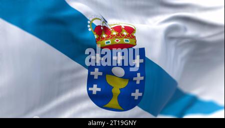 Detail of the Galicia flag waving. Autonomous community of Spain. White with a blue diagonal band with coat of arms on top. 3d illustration render. Se Stock Photo