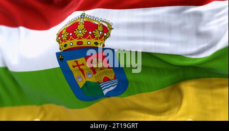 Close-up of La Rioja flag waving. Autonomous community of Spain. Red, white, green, and yellow bands with coat of arms. 3d illustration render. Select Stock Photo