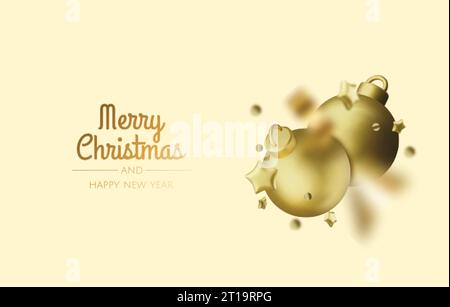 Christmas banner. Xmas background design of 3d christmas balls, gold star, gold tinsel confetti. Horizontal Christmas header for website template Stock Vector
