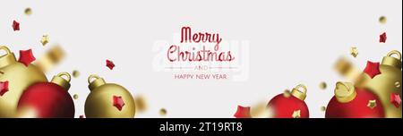 Christmas banner. Xmas background design of 3d christmas balls, gold star, gold tinsel confetti. Horizontal Christmas header for website template Stock Vector