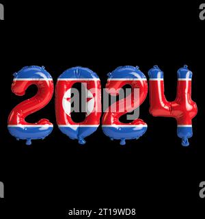 3d illustration of letter about new year 2024 with balloons on color North Korea flag Stock Photo