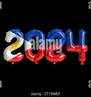 3d illustration of letter about new year 2024 with balloons on color Philippines flag Stock Photo