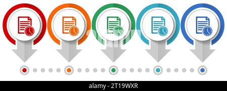 Document with clock, deadline vector icon set, flat design infographic template, set pointer concept icons in 5 color options for webdesign and mobile Stock Vector