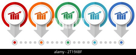 Chart, diagram vector icon set, flat design infographic template, set pointer concept icons in 5 color options for webdesign and mobile applications Stock Vector