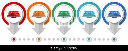 Solar panel, clean energy, power vector icon set, flat design infographic template, set pointer concept icons in 5 color options for webdesign and mob Stock Vector