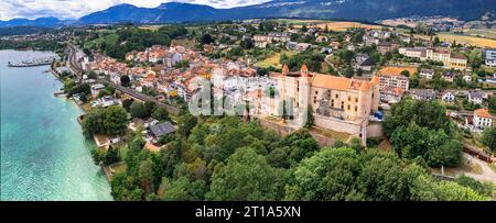 Switzerland travel and landmarks. Lake Neuchatel, aerial drone view of Grandson historic town and medieval castle. Canton Vaud Stock Photo