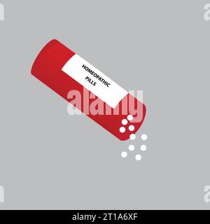 Red plastic container with homeopathic white globules scattered out Stock Vector