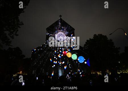 Prague, Czech Republic. 12th Oct, 2023. The 11th edition of Signal Festival of light starts in Prague, Czech Republic, on October 12, 2023. Offers video mapping on buildings of Municipal Library on Marianske square and Church of Ss. Cyril and Methodius on Karlin square (pictured). Credit: Roman Vondrous/CTK Photo/Alamy Live News Stock Photo