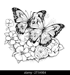 Butterflies With Flowers Coloring Page Drawing for Kids Stock Vector