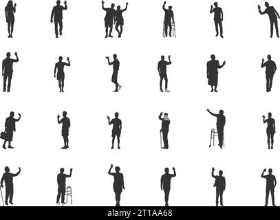 Waving hand silhouettes, People waving hand silhouettes, Man waving hand, Woman waving hand,  Person waving hand, Waving with hands silhouette Stock Vector