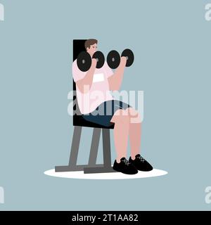 Young man exercising with weight equipment. Happy smiling guy sitting and lifting dumbbell vector illustration. Healthy active lifestyle. Stock Vector