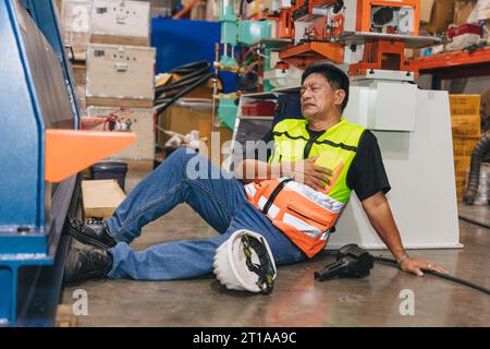 Senior adult male hard work worker stroke chest pain from heart attack need emergency medical help fall down in factory floor Stock Photo