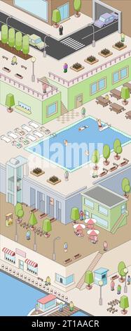 Vector isometric multilevel illustration of a resort town near on the shore. Stock Vector