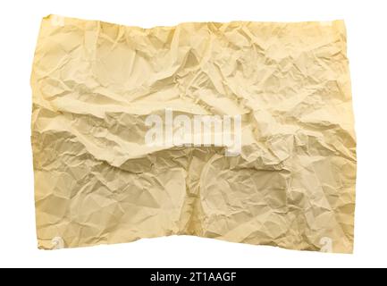 A sheet of old yellowed crumpled paper on a white background. Isolate paper Stock Photo