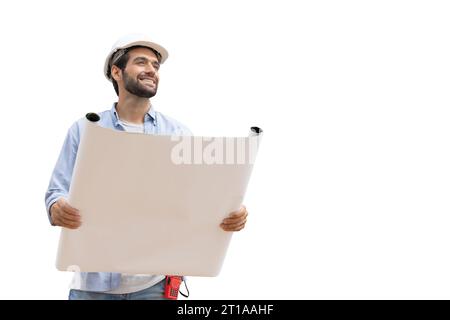 Hispanic Indian happy construction worker engineer builder forman architect designer with paper plan isolated on white background Stock Photo